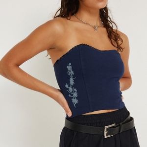 Motel Rocks Cropped Strapless Top Navy Floral Butterfly Embroidered